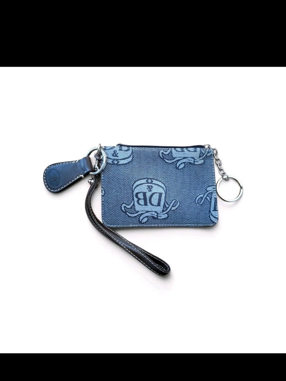 Dooney & Bourke Donegal Crest Canvas Wristlet Navy Blue Monogram Leather Key Fob